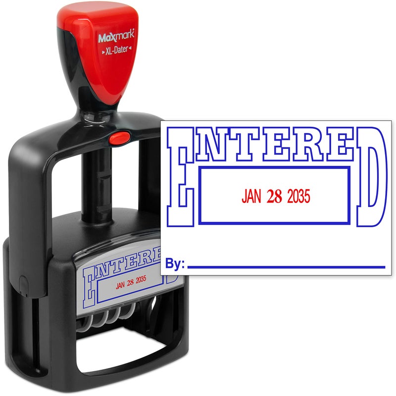 Rubber Stamp Creation MaxMark Heavy Duty Style 5 Date Stamp with Entered self Inking Stamp - 2 Color Blue/Red Ink - Image 1